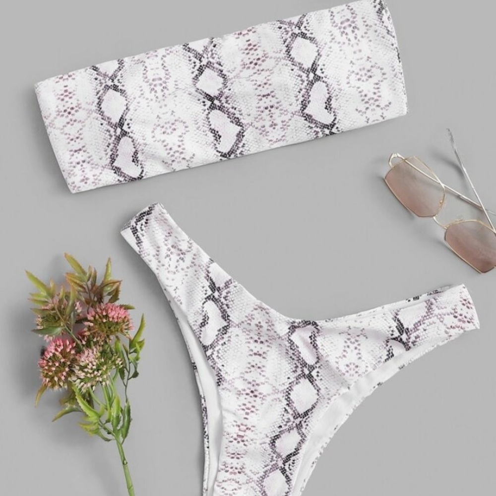 Snakeskin bandeau bikini. High leg bottoms